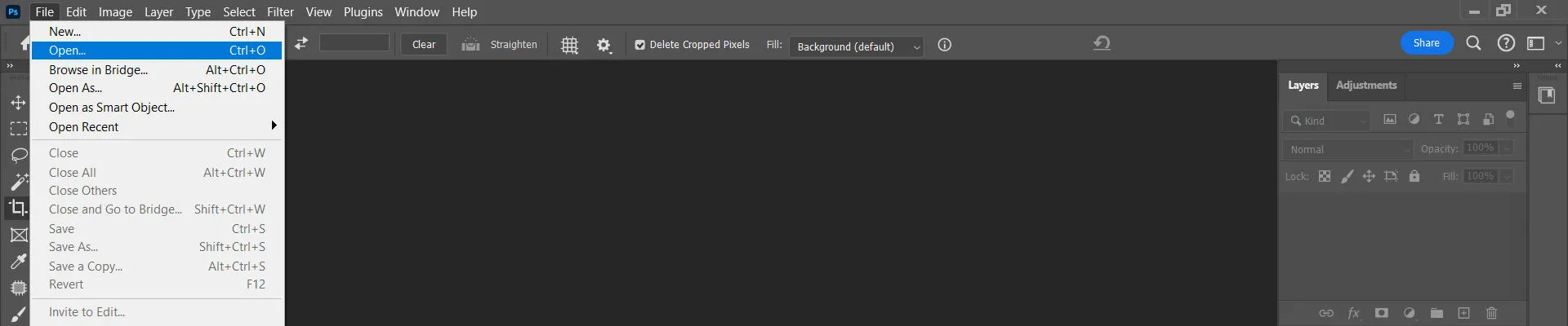 Screenshot of adobe photoshop open file